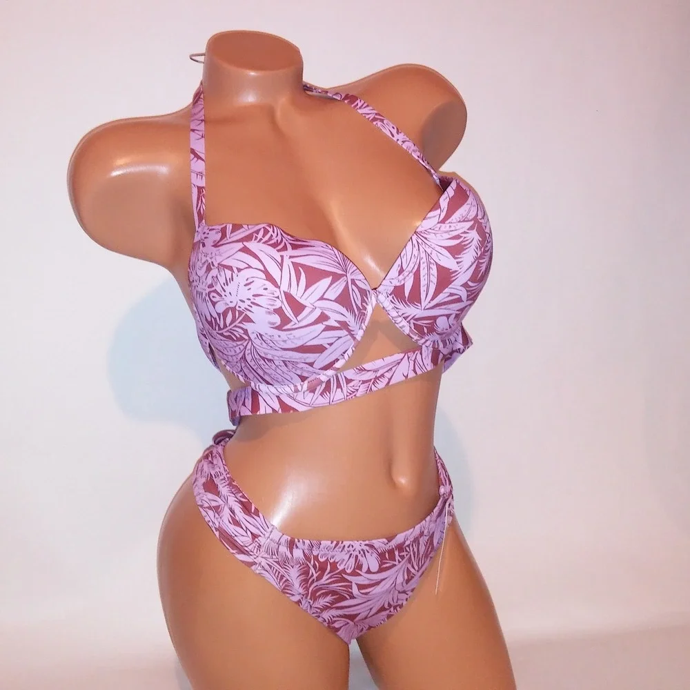 Victoria Secret Swim Bikini 38C Top XL Bottom Purple Ginger Push Up Floral New